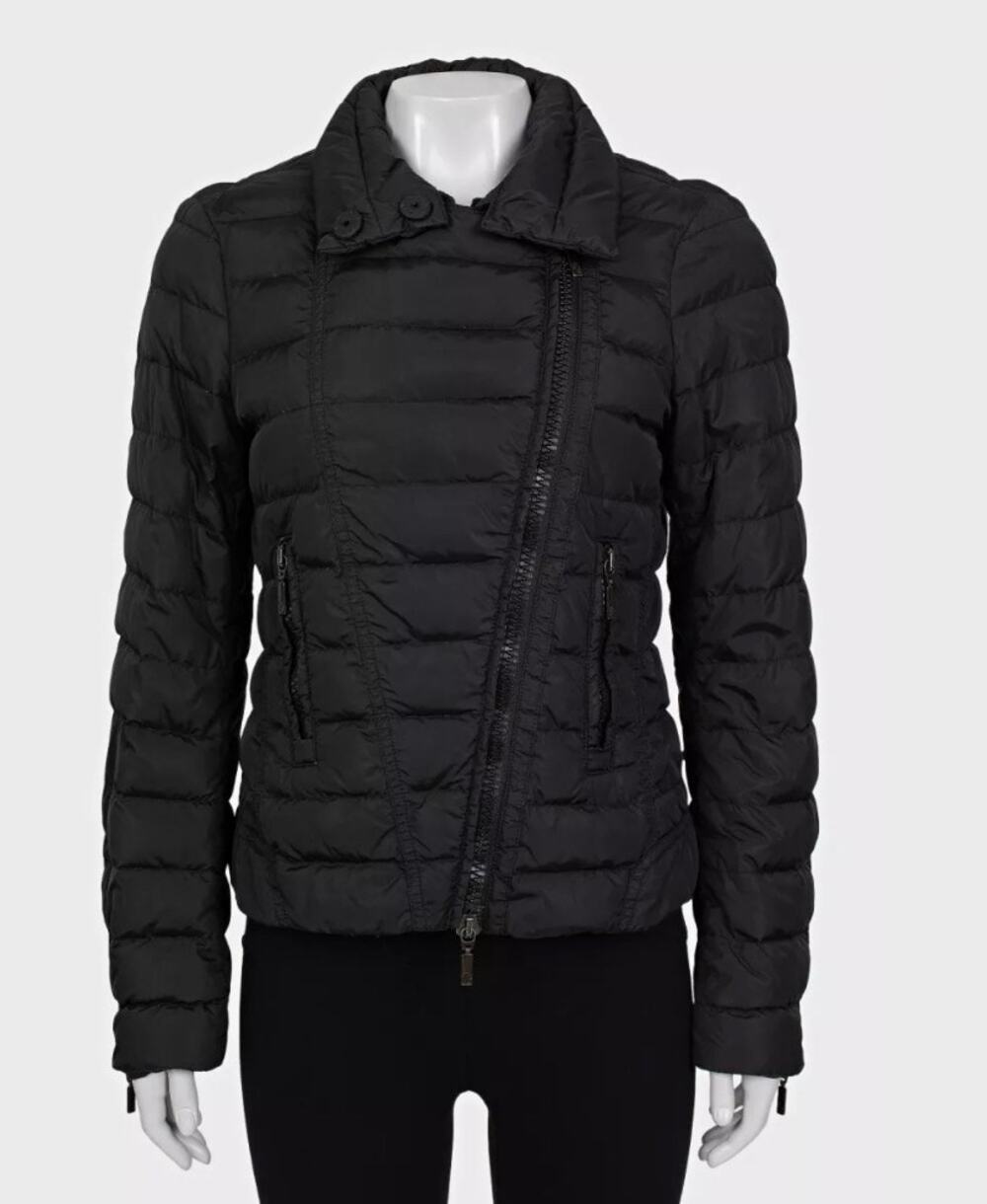 Moncler Black Fitted Down Jacket Asymmetric Zip Detachable Collar S